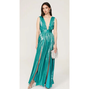 BRONX AND BANCO Romi Metallic Gown Plunge Neckline Dress Teal Turquoise